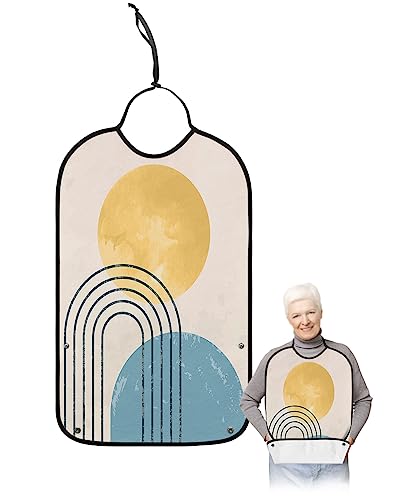 Abstract Art Middle Century Adult Bibs for Eating, Waterproof Bibs with Food Catcher & Adjustable Snap Closure, Yellow Sun Geometric Black Rainbow Clothing Protectors Adult Bibs for Elderly Women/Men