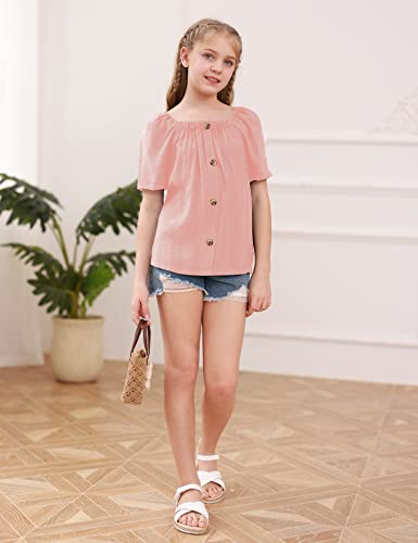 Girls Summer Blouses Short Sleeve Square Neck Button Down Tee Shirts Solid Casual Loose Fit Tops Pink #TOP5
