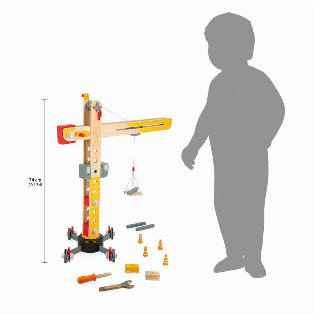 Janod - Großer Holzkran 74 cm - Rollenspielzeug - Konstruktionsspiel - 360° Drehbar und Mobil - 12 Zubehörteile inklusive - FSC-Zertifiziert - Ab 3 Jahre, J06468, Gelb