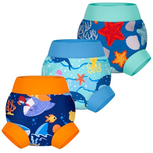 BIG ELEPHANT Baby Swim Diapers 3-Pack Reusable Waterproof Swim Pants for Boys and Girls Soft Breathable Swimwear for Pool