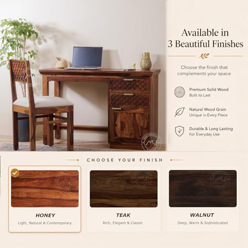 Image of NSH Solid Sheesham Wood Study Table with Chair | Wooden Writing Desk with Drawer & Door Storage | Pre-Assembled Computer Desk Workstation for Home Office & Study Room | Honey Finish