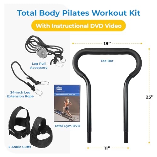 Total Gym PILS Men & Women Full Body Pilates Workout Kit, w/ Instructional DVD, Toe Bar, Leg Pull Accessory, Leg Extension Rope, & Ankle Cuffs, Black