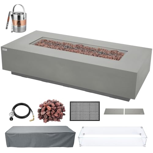 Image of AMS Creations | Savanah 72 inch Bundle Rectangular Cast Concrete Natural Gas Fire Pit Table | Light Gray | Smooth Texture Surface | Electronic Ignition | Outdoor Patio Heater Outside Backyard Fireplace