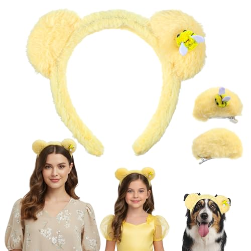 Ouligay Pooh Ears Yellow Bear Ears Headband 3 Pcs Bear Headband with Hair Pins Cute Pooh Headbands for Women Halloween Costume Hair Accessories Cartoon Plush Ear Animal Cosplay