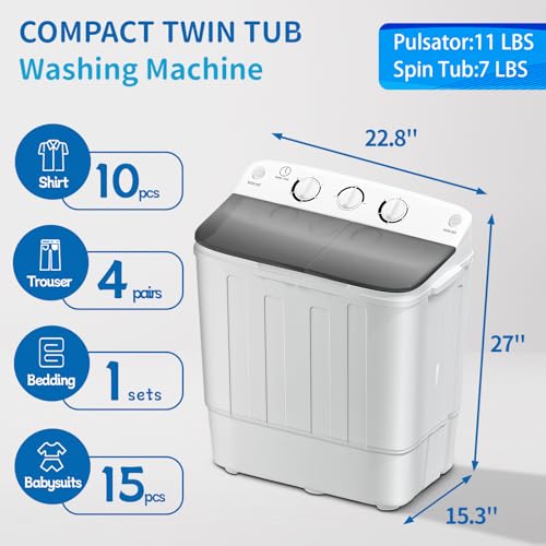 Erivess ST-6 Portable Twin Tub 18Lbs Washing Machine With Drying Rack And 10 Hangers, 11Lbs Washer Mini Compact Laundry Machine With 7Lbs Spinner, Semi-Automatic Washer Combo thumb #6