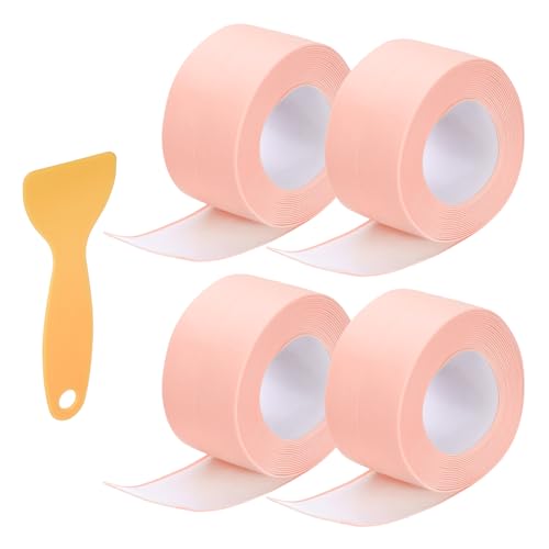 Image of Uxcell 4 Rolls Caulk Tape, 1.5 inch x 10.5Ft PVC Waterproof Self-Adhesive Sealing Strip for Kitchen Bathroom Toilet Sink Floor Corner Edge With Sealing Tool, Pink