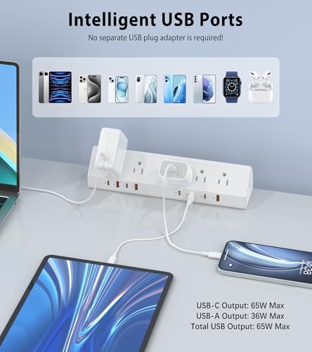 Image of Jgstkcity Desk Clamp Power Strip,Edge Mount,65W USB C,1200J,White | 4 USB-C Ports,Fit 1.96'' Tabletop,1875W Extension Cord,ETL Listed,Outlet Extender Desk Organizer,Office,Gaming,Dorm