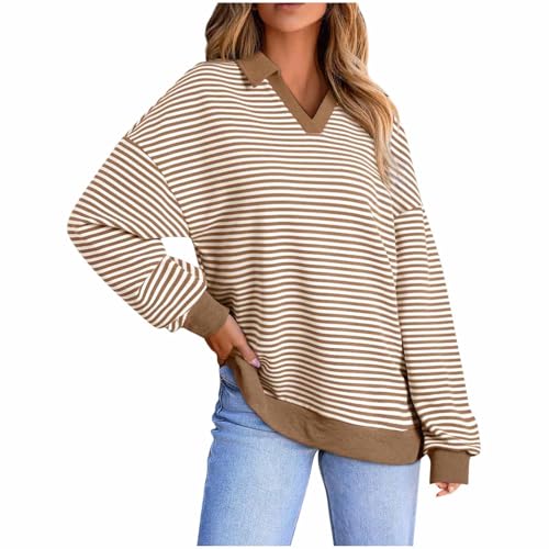 Womens Striped Oversized Shirts Lapel V-Neck Long Sleeve Casual Loose Pullover Color Block Y2K Tops