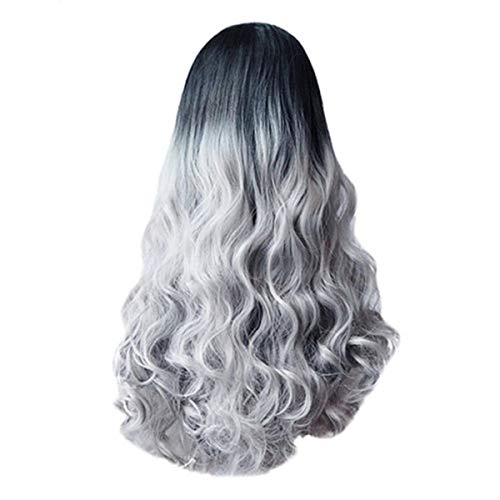 Black Silver Long Curly Wig Wavy Synthetic Hair Cosplay Party Costume