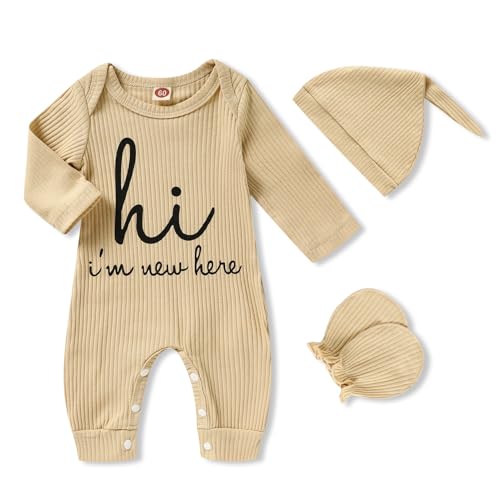 Image of GRNSHTS Newborn Baby Boy Romper Coming Home Outfits Letter Print Bodysuit Jumpsuit+Hat+Gloves 3PCS Clothes Set