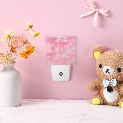 Image of 2 Pcs Pink Bow Night Lights Sensor Night Light Plug in Dusk to Dawn LED Lamps Gift for Indoor Bedroom, Bathroom, Toilet, Stairs, Kitchen, Hallway