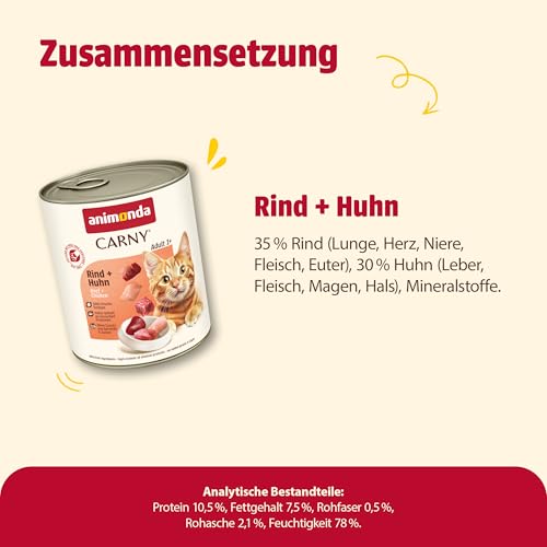 animonda Carny Adult Rind + Huhn (6 x 800 g), Katzennassfutter für ausgewachsene Katzen, Nassfutter mit 100 % frischen, fleischlichen Zutaten, Katzenfutter ohne Getreide und Zucker