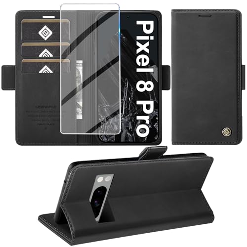 Giyer für Google Pixel 8 Pro Hülle mit Bildschirmschutzfolie, Handyhülle Pixel 8 Pro Premium Leder Wallet Klapphülle Standfunktion Kartenfach Schutzhülle für Google 8 Pro Lederhülle Flip Hülle (Schwarz)