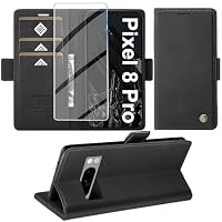Giyer Custodia per Google Pixel 8, con pellicola protettiva per schermo, Pixel 8, 5G, in pelle PU, con funzione leggio, scomparto per carte di credito, per Google 8, in pelle, colore: nero