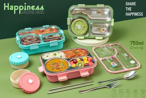 Image of Brand Conquer Lunch Box 3 Compartment Leak-Proof BPA Free Stainless Steel for School, Lunch Box for School & Office with a Fork, a Spoon and a Pair of Chopsticks (Classic Blue, Happiness Kawaii)