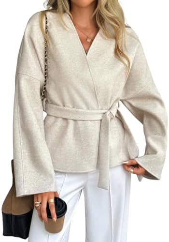 Old Money Women Cropped Pea Coat, Short Wrap Belted Blazer Jacket...