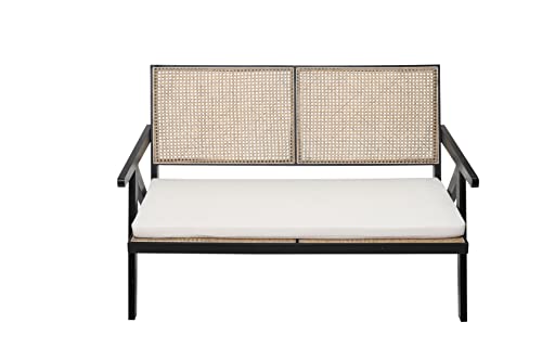 Rarzoe Rattan Patio Loveseat Bench With Cane Back & Solid Wood Base, Modern Upholstered Rattan Patio Outdoor Bench Sofa With Removable Cushions For Living Room Garden Patio Porch, Black #TOP4