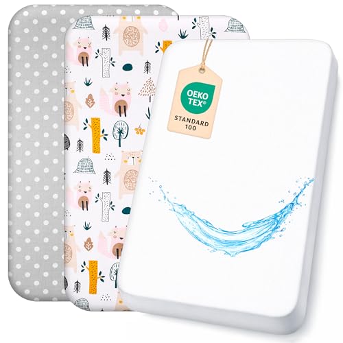 Lovely Hippo 2 Sabanas Minicuna Colecho 100% Algodon + 1 Protector de colchón Impermeable para minicuna Bebe – 50x83cm - Compatible con cunas, colchon (Animales Bosques, 50 x 83 cm)