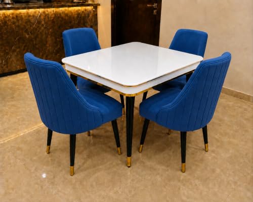 Image of WOODEN SPACE 4 Seater Wooden Dining Table Set | Urban Marble Top Dining Table with Chairs for Dining Room & Kitchen (Modern Infinity Backline Navy Blue) (42 x 42 x 30 inch)