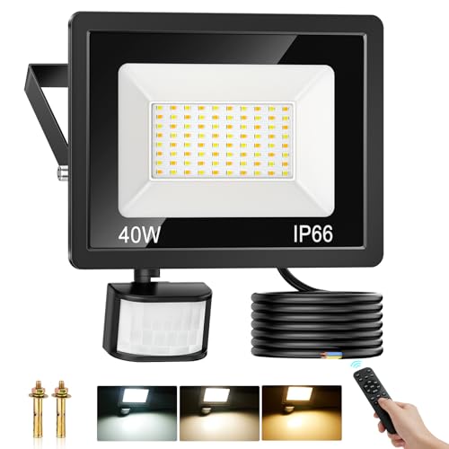 COTLEDL 40W Focos LED Exterior con Sensor de Movimiento, 4500LM Super Brillo Foco Proyector LED Regulables Blanco Frío Neutro Cálido, IP66 Impermeable Foco para Casa, Garaje, Patio, Terraza