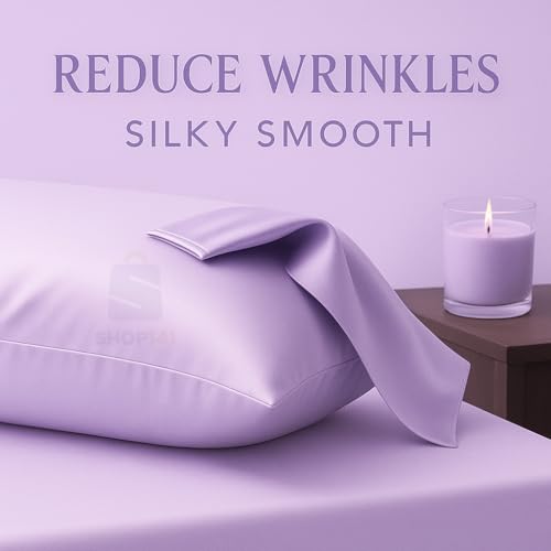 Image of Satin Pillow Covers for Hair and Skin Set of 2 with 5 Scrunchies I Satin Pillow case I Silk Pillow Cover I Silk Pillow case I Women Gift Items (Lavender)