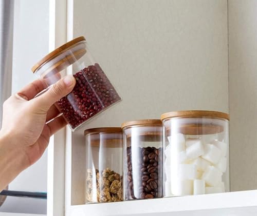 Image of 350ML Glass Food Storage Jars Containers, Set of 2 Storage Jar with Airtight Bamboo Lids Kitchen Glass Canisters For Coffee, Flour, Sugar, Candy, Cookie, Spice (Round 350 ML, Set of 2)