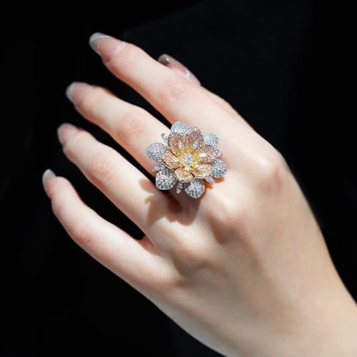 Aura & lrena Statement Flower Ring for Women, 18K Gold Plated Adjustable Open Band Cocktail Ring, 3D Floral Zirconia Fashion Jewelry, Bold Elegant Ring Gift2