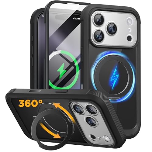 Image of Miracase for iPhone 17 Pro Case with 360 Spin Magnetic Stand, Full-Body Phone Case with Built-in Glass Screen Protector & Camera Control, Drop Proof iPhone 17 Pro Cover, Black