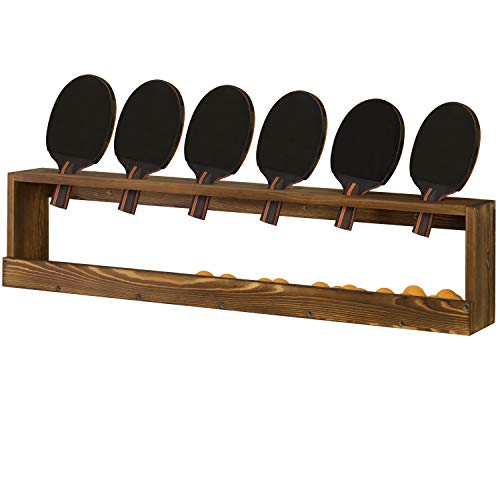 MyGift Wall Mounted Ping Pong Paddle Holder, Burnt Wood Table Tennis Racket Display Rack with Ball Storage Shelf