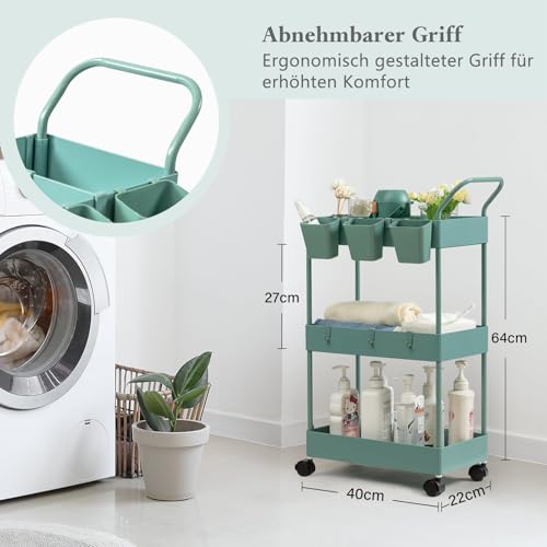 danpinera Rollwagen schmal, Bastelwagen für Kinder, Servierwagen mit 3 Etagen, Rollwagen Küche mit Trennwänden & Haken & hängenden Bechern, Nischenwagen für Kinderzimmer Küche Badezimmer Büro, Grün