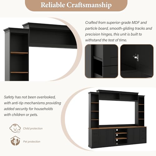 Image of 94.8 inchL Large Entertainment Center with Bookshelves and Drawers for TVs Up to 70'', Wall Unit Entertainment Center with Adjustable Shelves and Cabinet, Minimalist TV Stands for Living Room Black