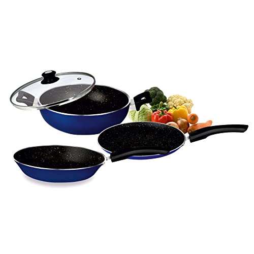 Image of BALTRA Aluminum Induction Base Non-Stick Cookware Set, 4 Pieces (1-Piece Non-Stick Kadhai - 4 L /26cm with Lid, 1-Piece Non-Stick Fry Pan - 24cm, 1-Piece Non-Stick Dosa Tawa - 24cm) Blue