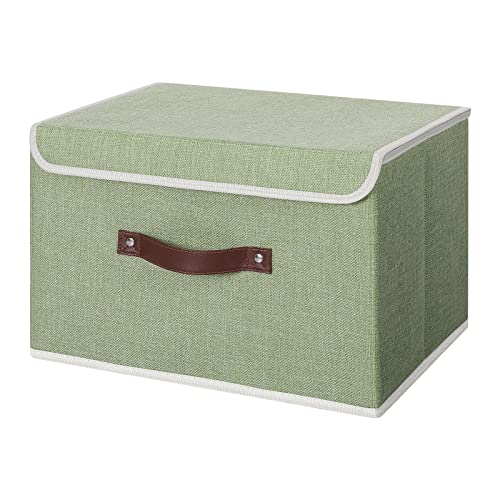Anminy Storage Bin With Lid Storage Boxes With Pu Leather Handles Pp Plastic Board Decorative Foldable Lidded Cotton Linen Fabric Home Cubes Baskets Closet Organizer Container - Green, Large Size #TOP19