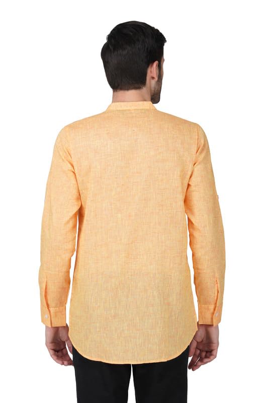 Image of Vastraa Fusion Men's Handloom Weaving Pure Cotton Short Kurta, Round Collar, Full Sleeves,Button Kurta, Ethnic Wear