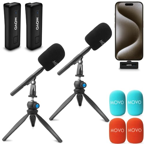 Movo Wireless Mini UC-Duo USB-C Wireless Microphone for iPhone 15/16/Android/PC/Macbook Podcast Equipment Bundle with WMX-HM Handle/Desktop Mic Stand for Podcasting, Interviews, and Content Creation