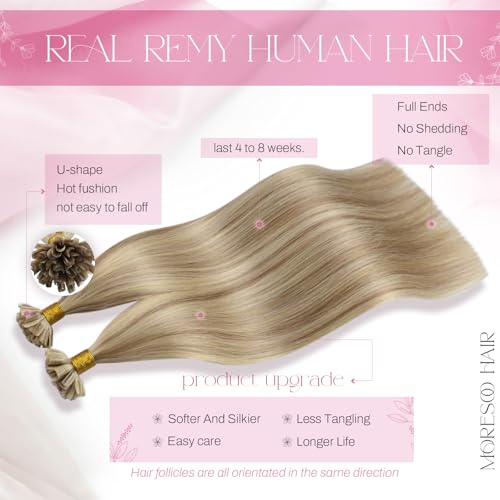 Image of Moresoo U Tip Hair Extensions Real Human Hair, Ash Medium Blonde, 22 Inch | 50g 50 strands, pre-bonded U tips, Remy Hair, cool blonde blend, long hairstyles, weekend events