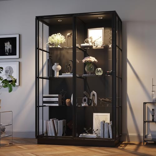 WOODTIME 48.1' Wide Glass Display Cabinet with Lights, Glass Shelves & Sliding Doors, 4-Tier Curio Cabinet Bookcase Bookshelf with Metal Frame for Home Office Living Room Salon, Black