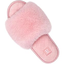 LongBay Women's Fuzzy Slippers Comfy Cloud Memory Foam House Shoes Home Open Toe Slides Indoor Outdoor