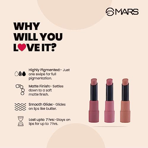 MARS Matte Box Set of 3 Lipsticks for Women | Long-Lasting | Smooth Finish | Moisturising | One Swipe Pigmentation (3x3.2 gm) (02-Peaches & Nudes) - Image 4