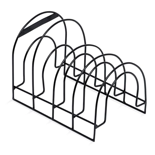 Image of Livzing 5 Tier Pan Rack Organizer for Kitchen | Heavy Duty Metal Pot & Pan Stand | Space Saving Cookware Holder for Tawa, Frying Pan, Kadai | Cabinet & Countertop Storage Rack (Black, 30.5x20x23 cm)