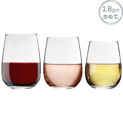 Argon Tableware 18 Pieza Corto sin pie Copas de Vino Set - Estilo Moderno de Cristal Vasos para Rojo, Vino Blanco, Agua
