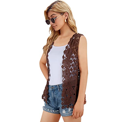 Image of Womens Floral Crochet Lace Boho Trim Sleeveless Open Front Vest Cardigan