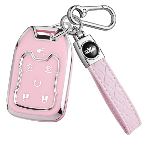Cxopxoy Soft TPU for Chevy Key Fob Cover with Keychain, Key Case Shell Full Protection for GMC Suburban Tahoe Yukon Acadia Terrain Sierra 1500 2500HD 3500HD Accessories, 2016-2026, Pink