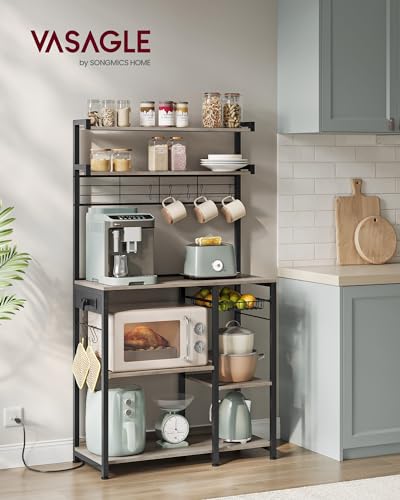Image of VASAGLE Bakers Rack with Power Outlet, 35.4 Inches Microwave Stand, Coffee Bar, 4 AC Outlets, with Adjustable Shelves, 8 S-Hooks, Basket, Spice Racks, Heather Greige and Ink Black UKKS031K02