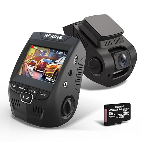 RexingUSA 1080p Dash Cam with 32GB Card - FHD Recorder, 170° Angle, Night Vision, G-Sensor, Parking...