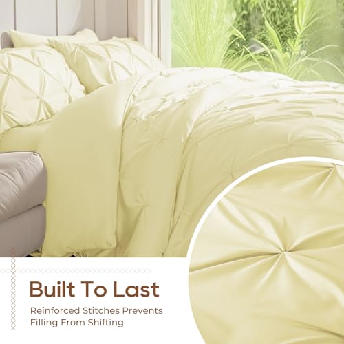 Image of Sasttie Queen Comforter Set, 7-Piece Bed in a Bag, Pintuck Bedding Sets for All Season, Includes Comforter, Flat Sheet, Fitted Sheet, Pillowcases and Pillowshams, Cream Yellow