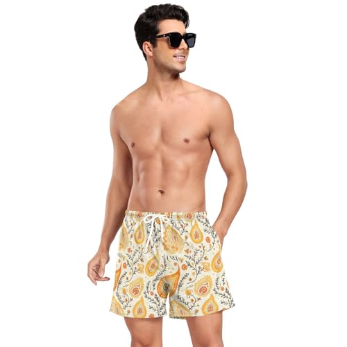Yuiboo Peach Paisleys Flat Vector Design Beach Shorts for Men Men Double Layer Workout Running Shorts with Pockets and Compression Liner Beachwear Quick Dry