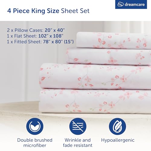 Image of DREAMCARE King Size Sheets Set - 4 pcs Breathable Cooling Sheets - up to 15 inch Deep Pocket King Sheet Set with Side Pockets - Extra Soft 100% Brushed Hypoallergenic Hotel Luxury Bedding Floral Blossom