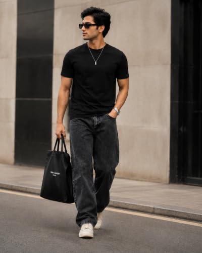Image of GRECIILOOKS Men Jeans || Baggy Fit Jean's for Man || Loose Fit High Rise Denim || Stretchable Casual Wear Jean,s || Dance Rap Rapping Style Pant for Men || Denim Cotton Jeans