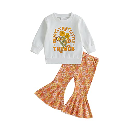 Toddler Baby Girl Fall Winter Outfits Western Clothes Pullover Sweatshirt Top Flared Pants Bell Bottom Clothing Sets 2PCS (Orange Floral, 6-12 Months)